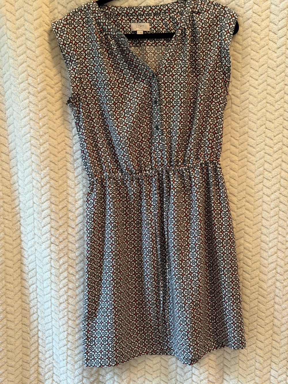 LOFT Navy Dress with Red and White Micro Print